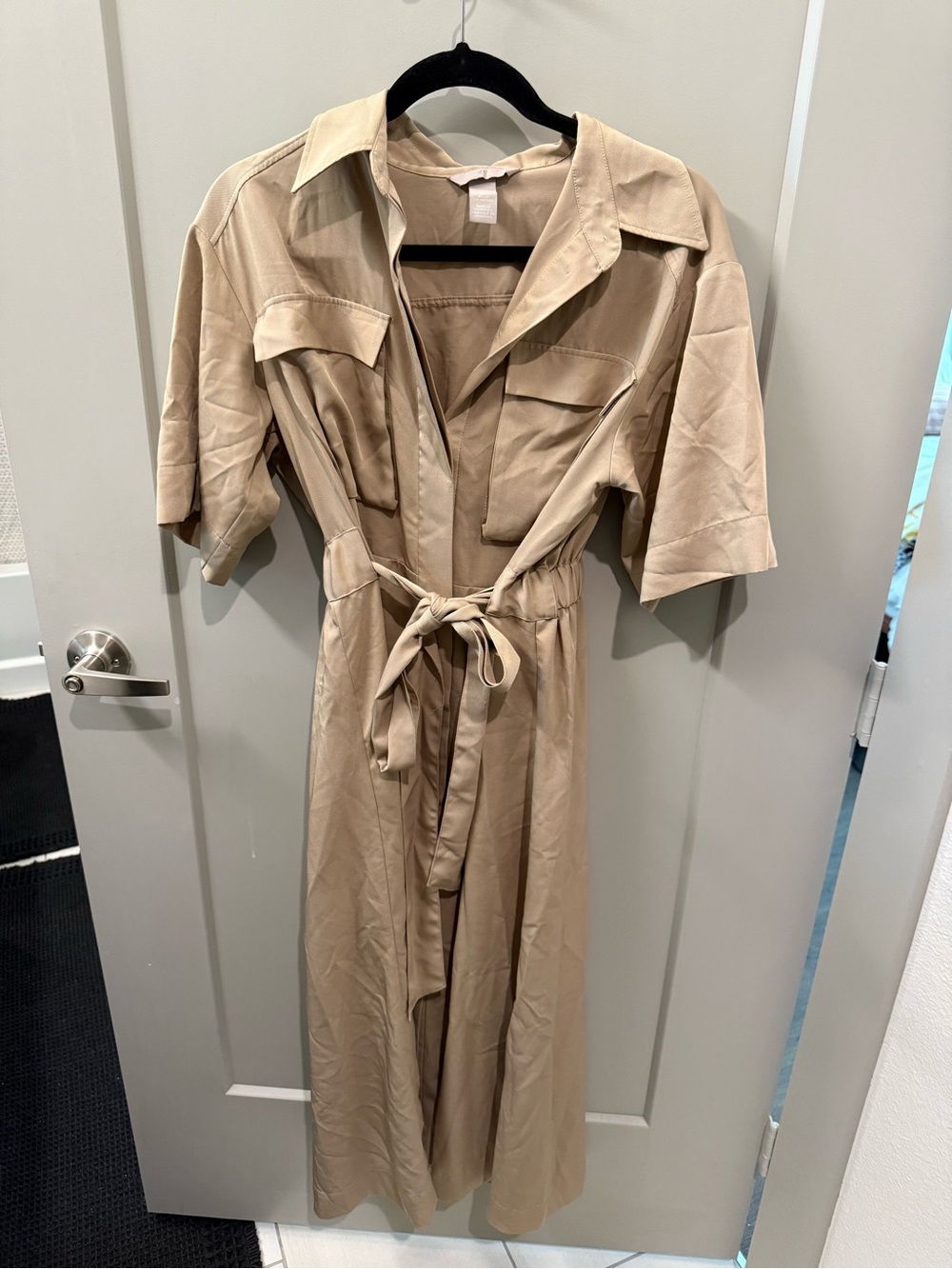 Modest Tan Button-Front maxi Dress with Tie Waist